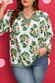 Green Plus Size Floral Printed Contrast Patchwork Detail Tassel Tie 3/4 Sleeve Blouse