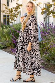 Black Plus Size Floral Printed Puff Sleeve Collared Maxi Dress