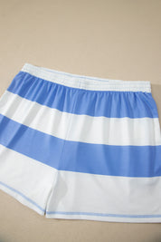 Sky Blue Stripe Drop Shoulder Zipped Collar T Shirt Plus Size Shorts Set