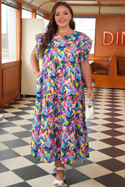 Blue Geometric Print Ruffled Short Sleeve Plus Size Tiered Maxi Dress
