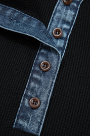Black Plus Size Textured Contrast Denim Patchwork Button Polo Tee