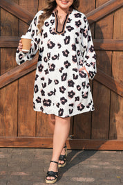 Khaki Leopard Print Contrast V Neck Plus Size Shift Mini Dress
