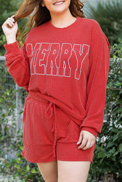 Racing Red MERRY Ribbed Knit Long Sleeve Lace-up Waist Plus Size Set