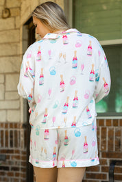 White Plus Size Wine Glass Print Bow Knot Pajama Set