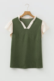 Vineyard Green Plus Size Contrast Frilled Neckline Ruffled Short Sleeve Ribbed Textured Blouse
