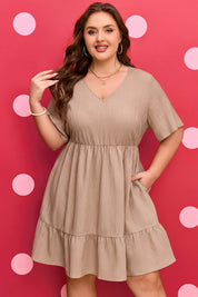 Dark Khaki Plus Size Textured Ruffled Short Sleeve Dress