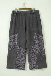 Dark Grey Plus Size Leopard Patchwork Mineral Wash Wide Leg Pants
