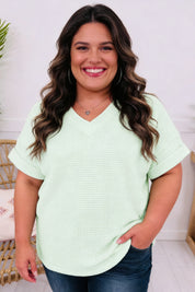 Clearly Aqua V Neck Short Sleeve Plus Size Waffle Knit Top