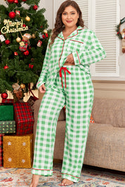 Green Plaid Print Contrast Trim Long Sleeve Plus Size Pajama Set