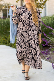 Black Plus Size Floral Printed Puff Sleeve Collared Maxi Dress