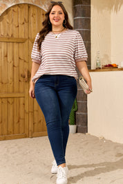 Orange Stripe Ribbed Trim Round Neck Short Puff Sleeve Plus T Shirt