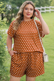 Brown Polka Dot Print Dropped Shoulder Tee Plus Size Short Set