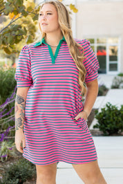 Rose Stripe Collared V Neck Puff Sleeve Shift T Shirt Dress with Pockets
