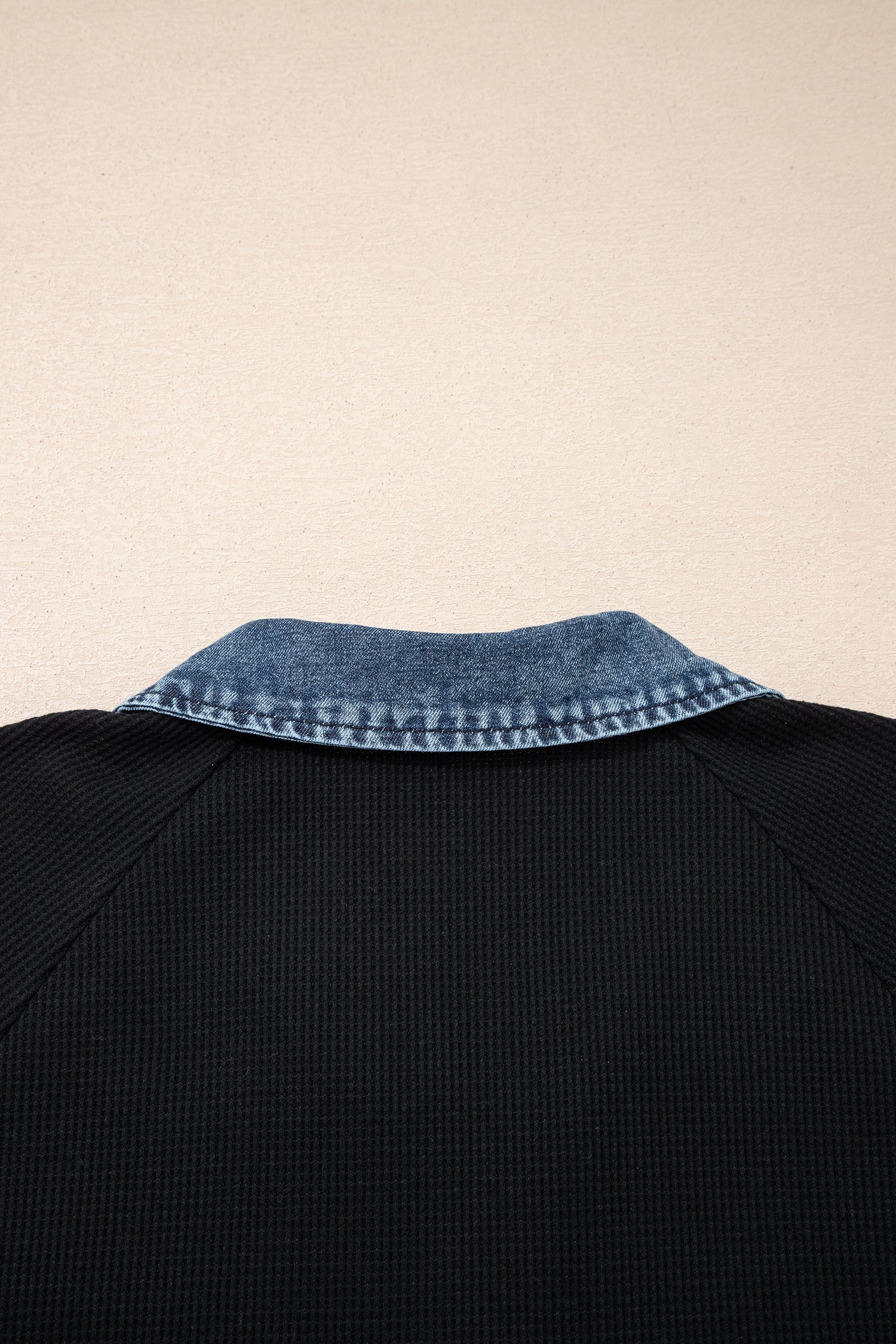 Black Plus Size Textured Contrast Denim Patchwork Button Polo Tee