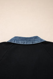 Black Plus Size Textured Contrast Denim Patchwork Button Polo Tee