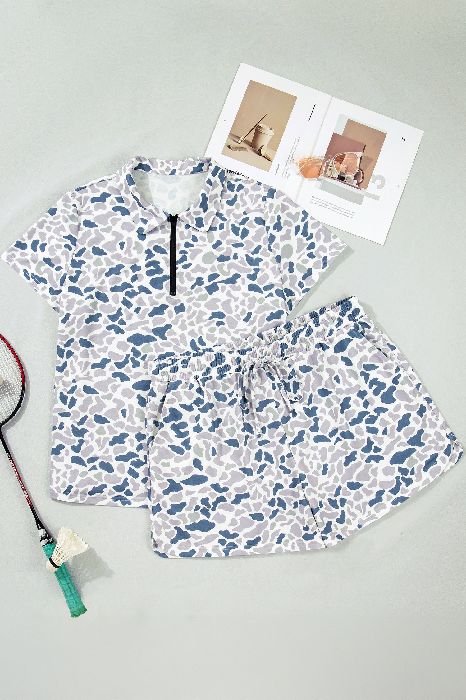 Multicolour Zip up Tee and Short Plus Size Camo Set