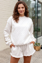 White Polka Dot Print Side Stripe Detail Casual Sweatshirt 2pcs Short Set