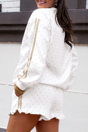 White Polka Dot Print Side Stripe Detail Casual Sweatshirt 2pcs Short Set
