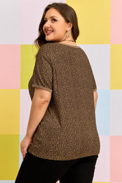 Khaki Plus Size Leopard Print Ribbed Trim Round Neck Tee