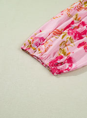 Pink Plus Size Floral Print V Neck Tie Front Short Sleeve Tunic Top