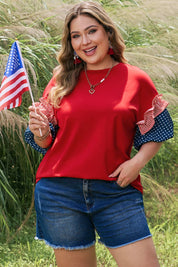 Fiery Red Plus Size Striped Ruffles Star Short Bubble Sleeve Patchwork Top
