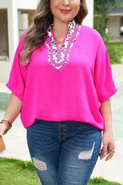 Rose Red Leopard Accent Notched Neck Plus Size Short Sleeve Top