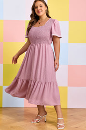Pink Plus Size Swiss Dot Short Sleeve Smocked High Waist Flowy Midi Dress