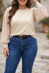 Parchment Polka Dot Long Sleeve Round Neck Plus Size Blouse