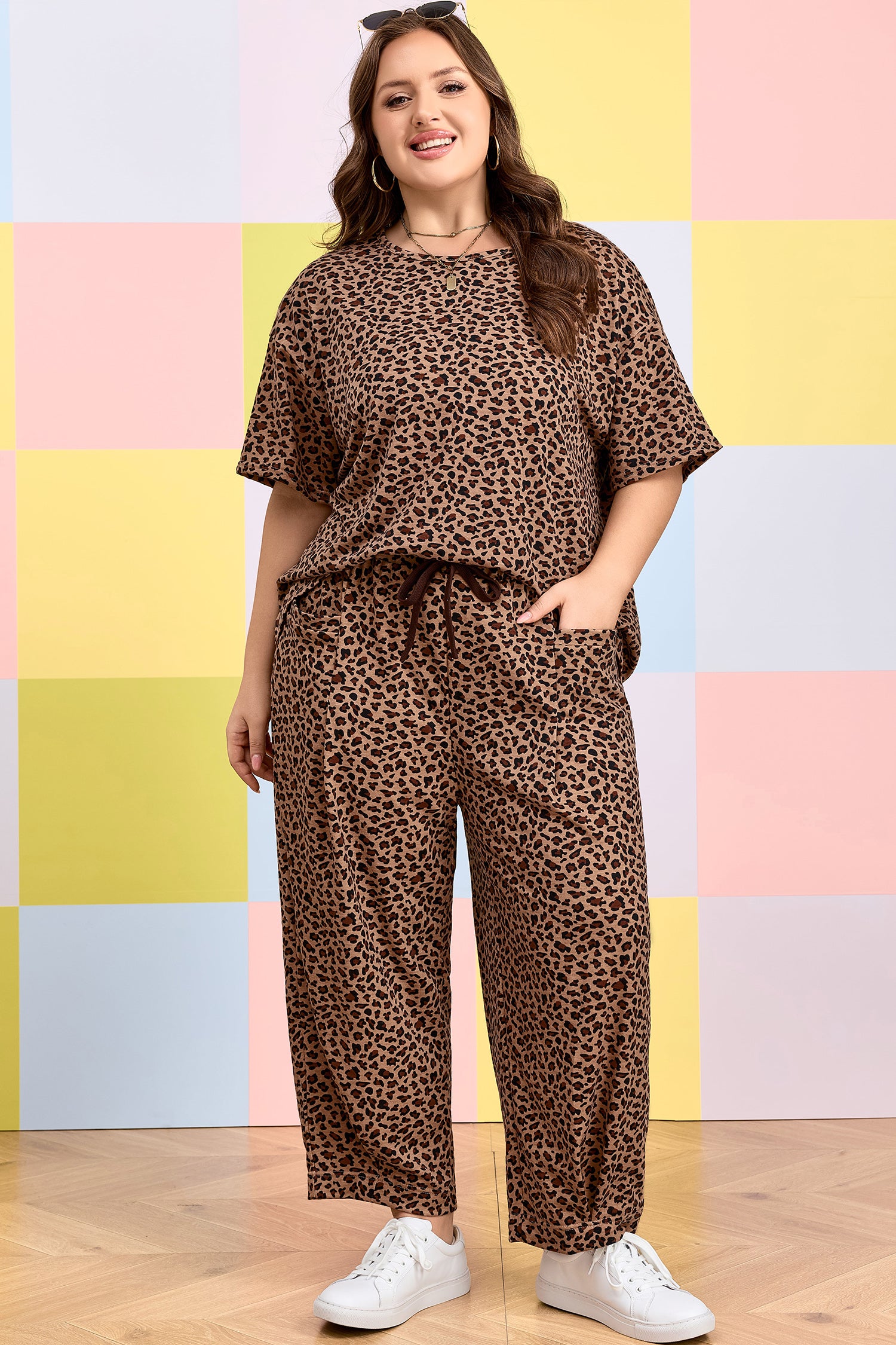 Brown Plus Size Leopard Loose Top Pleated Pants Set
