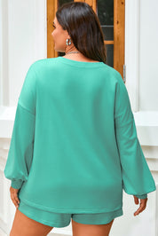 Sea Green Drop Shoulder V Neck Pullover Top and Drawstring Short Plus Size Set