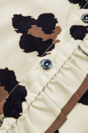 Khaki Plus Size Leopard Print Frilled Color Block Trim Button Down Short Sleeve Blouse