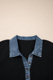Black Plus Size Textured Contrast Denim Patchwork Button Polo Tee