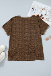 Khaki Plus Size Leopard Print Ribbed Trim Round Neck Tee