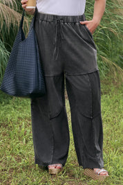 Black Plus Size Mineral Wash Exposed Seam Patchwork Drawstring Loose Pants
