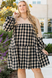 Black Plaid Waffle Knit Patchwork Collared V Neck Plus Size Mini Dress