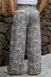 Khaki Plus Size Leopard Print Raw Edge Patch Pocket Drawstring Loose Pants