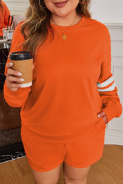 Orange Plus Size Varsity Striped Drop Shoulder Pullover Drawstring Elastic Waistband Short Set