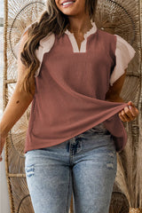 Vineyard Green Plus Size Contrast Frilled Neckline Ruffled Short Sleeve Ribbed Textured Blouse