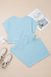 Mist Blue Solid Color Ribbed Trim Short Sleeve Top Drawstring Loose Pants 2pcs Outfit
