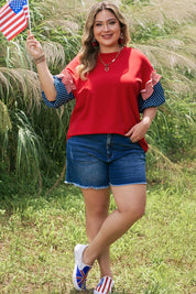 Fiery Red Plus Size Striped Ruffles Star Short Bubble Sleeve Patchwork Top