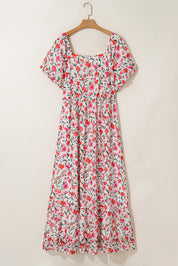 Pink Plus Size Floral Square Neck Puff Sleeve Ruffle Maxi Dress