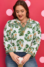 Green Plus Size Floral Printed Contrast Patchwork Detail Tassel Tie 3/4 Sleeve Blouse