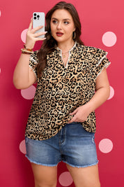 Khaki Plus Size Leopard Print Stitch Detail Ruffled Short Sleeve Blouse