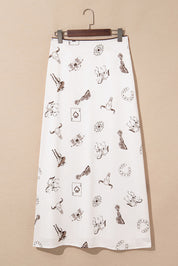 Beige Western Print Lace Trim Waist Side Zip Plus Size Maxi Skirt
