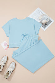Mist Blue Solid Color Ribbed Trim Short Sleeve Top Drawstring Loose Pants 2pcs Outfit