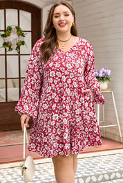 Purple Plus Floral Balloon Sleeve V Neck Relaxed Dress