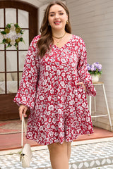 Purple Plus Floral Balloon Sleeve V Neck Relaxed Dress