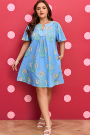 Sky Blue Plus Periwinkle Floral Printed Short Sleeve Striped Trim Split Neck Mini Dress