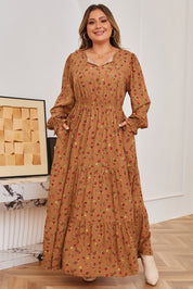 Brown Plus Size Floral Split V Neck Ruffled Sleeve Tiered Maxi Dress