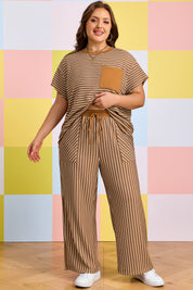 Khaki Stripe Plus Size Striped Colorblock Pocket Lounge Set